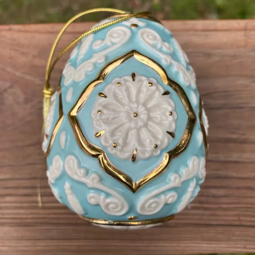 Lenox Venetian Egg Ornament Blue and White Porcelain Gold Trim
